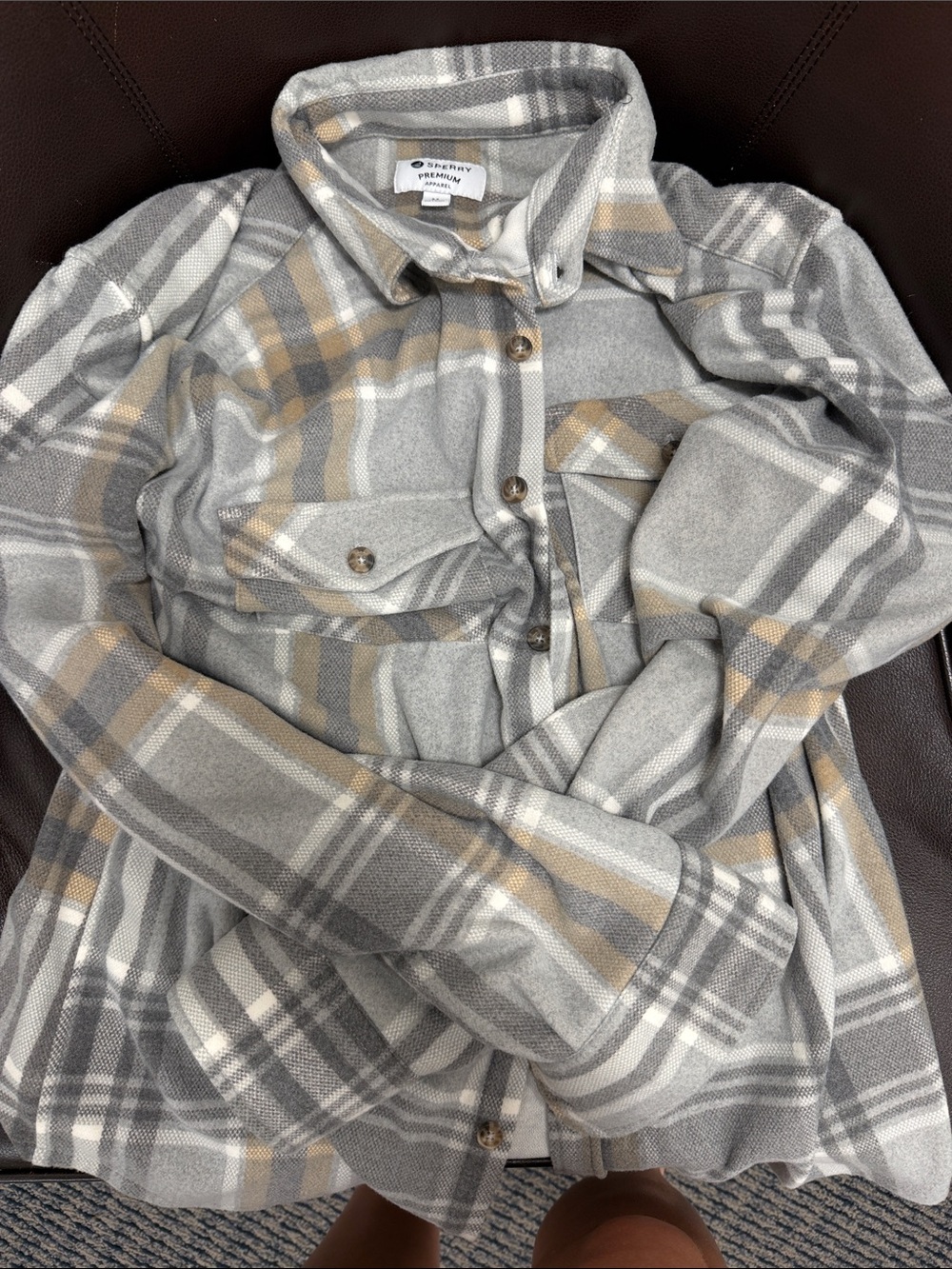 Sperry Grey Plaid Button-Down Shirt Jacket with Tan Stripes